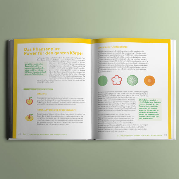 Buch-Innenseiten im Ernährungsratgeber mit Tipps zu pflanzlichen Nährstoffen und gesundem Kochen.