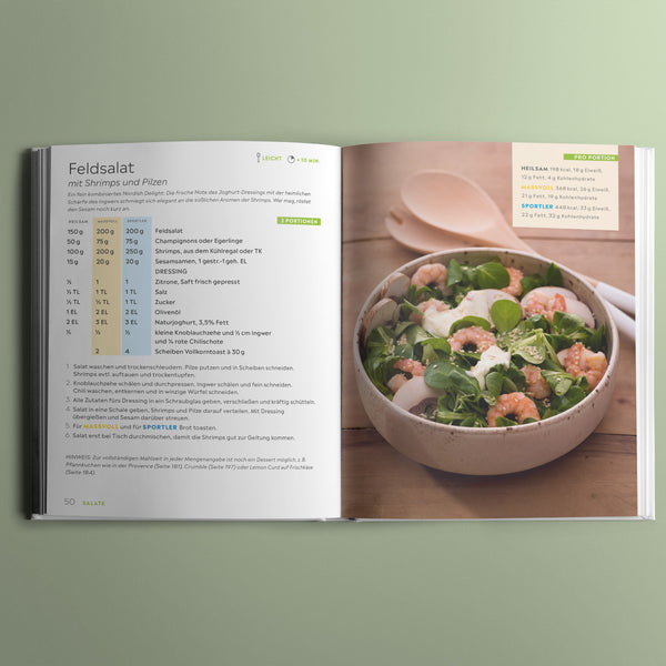 Rezept aus dem Ernährungsratgeber: Feldsalat mit Shrimps und Pilzen – gesunde Ernährung und Portionierung