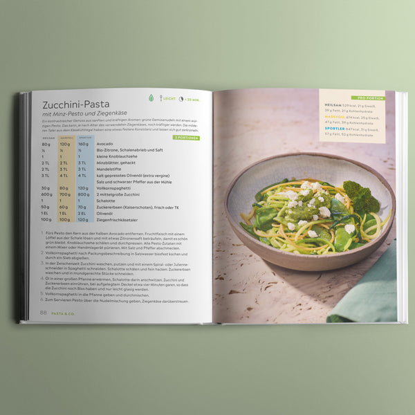 Zucchini-Pasta Rezeptseite mit Nährwertangaben im neuen Ernährungsratgeber SMILE – Der Ernährungscode.